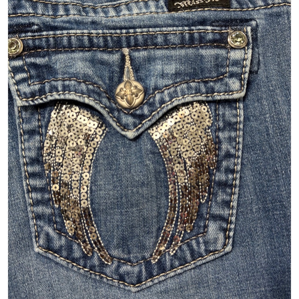 Miss Me Skinny Jeans Womens 31 Dark Wash Sequin Angel Wing festival glam Y2K - Picture 6 of 6